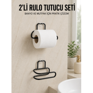 2’li Yapışkanlı Tuvalet Kağıdı Tutucu Siyah Metal Duvar Tipi Rulo Kağıtlık