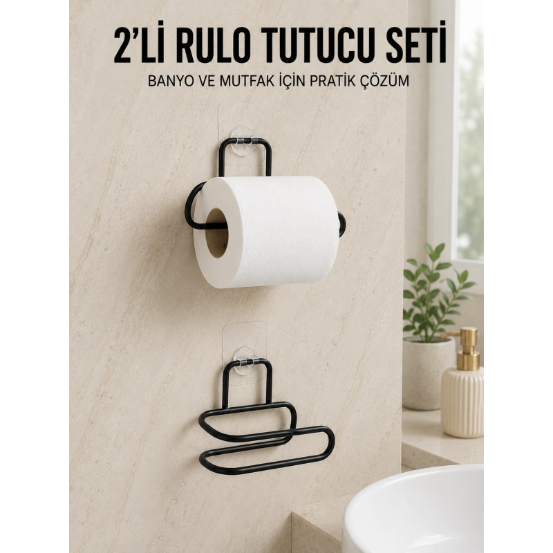 2’li Yapışkanlı Tuvalet Kağıdı Tutucu Siyah Metal Duvar Tipi Rulo Kağıtlık 2’li Yapışkanlı Tuvalet Kağıdı Tutucu Siyah Metal Duvar Tipi Rulo Kağıtlık