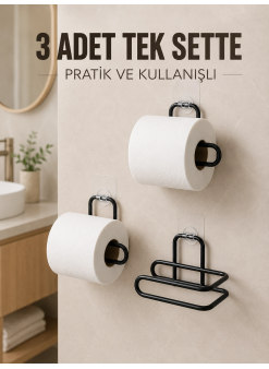 3 Adet Siyah Rulo Kağıt Tutucu Yapışkanlı Duvar Tipi Pratik Kağıtlık Seti