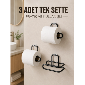 3 Adet Siyah Rulo Kağıt Tutucu Yapışkanlı Duvar Tipi Pratik Kağıtlık Seti
