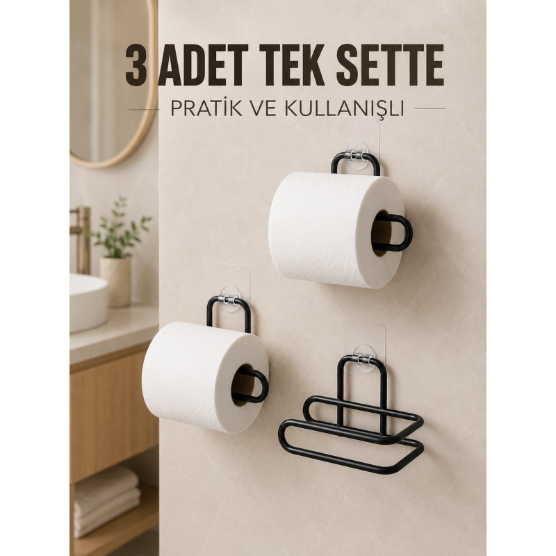 3 Adet Siyah Rulo Kağıt Tutucu Yapışkanlı Duvar Tipi Pratik Kağıtlık Seti 3 Adet Siyah Rulo Kağıt Tutucu Yapışkanlı Duvar Tipi Pratik Kağıtlık Seti