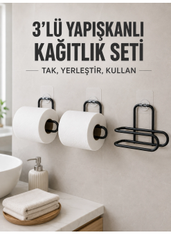 3 Adet Yapışkanlı Rulo Tutucu Siyah Metal Tuvalet Kağıdı Askısı