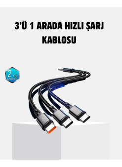 3 Başlıklı Hızlı Şarj Kablosu Metal Alaşımlı Dayanıklı Ve Akıllı Çipli