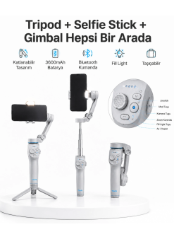 3 Eksen Telefon Gimbal Stabilizer Yapay Zeka Takipli Katlanabilir Dahili Dolgu Işıklı Video Sabitleyici