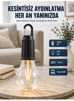 3 Farklı Mod Ledli Şarjlı Asma Kancalı Kamp Lambası Taşınabilir Ampul