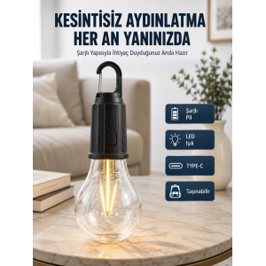 3 Farklı Mod Ledli Şarjlı Asma Kancalı Kamp Lambası Taşınabilir Ampul