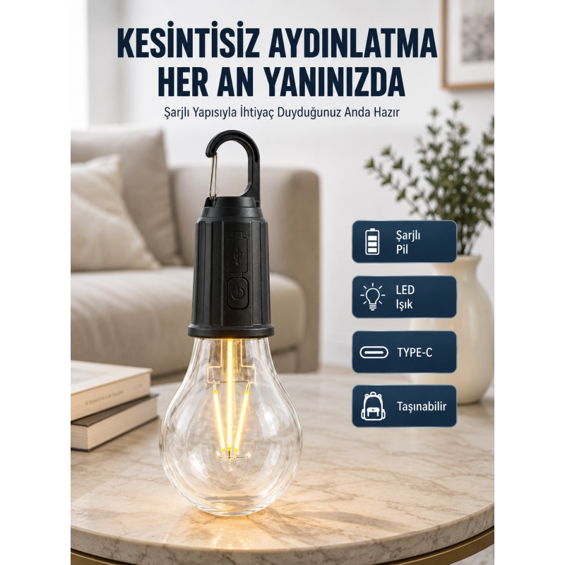 3 Farklı Mod Ledli Şarjlı Asma Kancalı Kamp Lambası Taşınabilir Ampul 3 Farklı Mod Ledli Şarjlı Asma Kancalı Kamp Lambası Taşınabilir Ampul