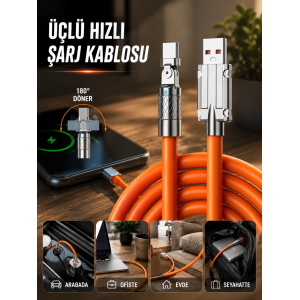 3 İn 1 Süper Hızlı Şarj Kablosu Android Ve İos Uyumlu Silikon Şarj Kablosu