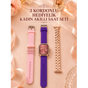 3 Kordonlu Rose Gold Kasalı Kadın Akıllı Saat Seti