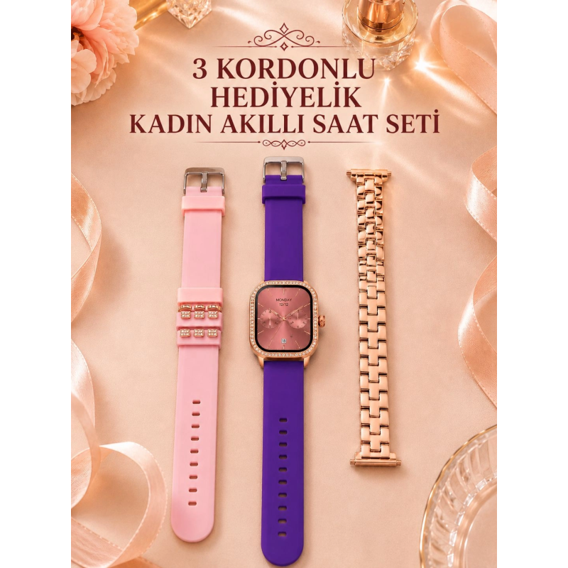 3 Kordonlu Rose Gold Kasalı Kadın Akıllı Saat Seti 3 Kordonlu Rose Gold Kasalı Kadın Akıllı Saat Seti