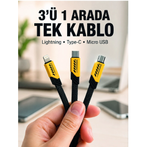 3'lü Şarj Kablosu Hızlı Şarj Destekli Dayanıklı Örgü Usb Kablo
