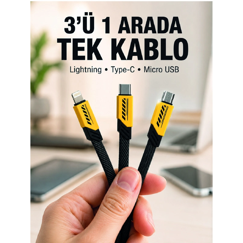 3'lü Şarj Kablosu Hızlı Şarj Destekli Dayanıklı Örgü Usb Kablo 3'lü Şarj Kablosu Hızlı Şarj Destekli Dayanıklı Örgü Usb Kablo