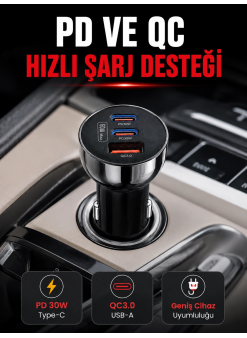 3 Portlu Araç İçi Şarj Adaptörü Çift Pd Type-c Ve Qc3.0 Usb Çıkışlı