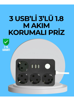 3 Usb Çıkışlı 4’lü Akıllı Priz 2500w 2 Metre Kablo