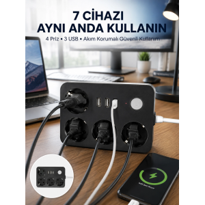 3 Usb Çıkışlı 4’lü Akıllı Priz 2500w 2 Metre Kablo