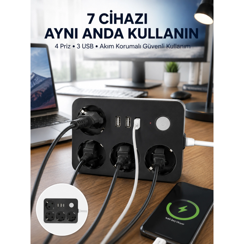 3 Usb Çıkışlı 4’lü Akıllı Priz 2500w 2 Metre Kablo 3 Usb Çıkışlı 4’lü Akıllı Priz 2500w 2 Metre Kablo