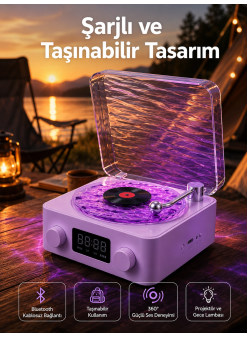 360° Sesli Kablosuz Hoparlör – Retro Tasarım Ve Projektör Işığı
