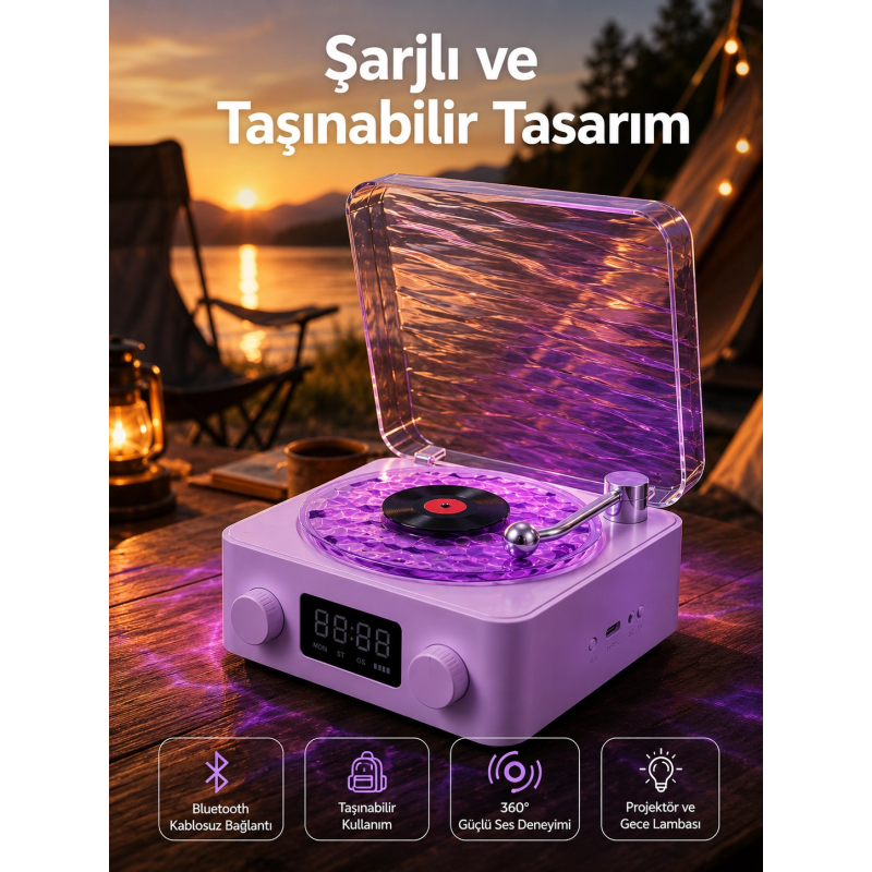 360° Sesli Kablosuz Hoparlör – Retro Tasarım Ve Projektör Işığı 360° Sesli Kablosuz Hoparlör – Retro Tasarım Ve Projektör Işığı