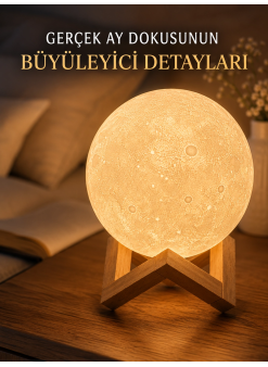 3d Ay Gece Lambası Ahşap Standlı Dekoratif Led Masa Lambası