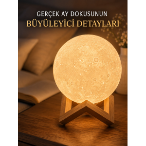 3d Ay Gece Lambası Ahşap Standlı Dekoratif Led Masa Lambası