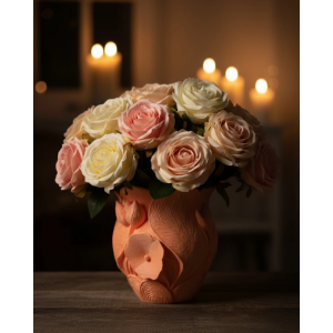 3d Kabartmalı Çiçek Motifli Turuncu Dekoratif Vazo