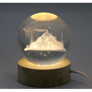 3d Kristal Cam Küre Ahşap Soketli İstanbul Temalı Led Lamba Alk2573