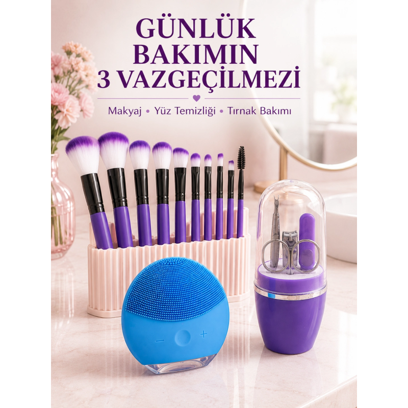 3’lü Güzellik Ve Bakım Seti 12’li Mor Makyaj Fırçası Silikon Yüz Temizleme Cihazı Ve Manikür Tırnak Bakım Seti 3’lü Güzellik Ve Bakım Seti 12’li Mor Makyaj Fırçası Silikon Yüz Temizleme Cihazı Ve Manikür Tırnak Bakım Seti