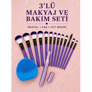 3’lü Makyaj Ve Cilt Bakım Seti 12 Parça Makyaj Fırçası Kaş Alma Düzeltme Ve Silikon Yüz Temizleme Cihazı