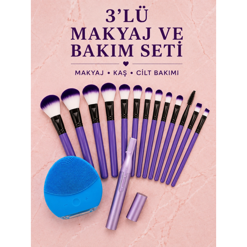3’lü Makyaj Ve Cilt Bakım Seti 12 Parça Makyaj Fırçası Kaş Alma Düzeltme Ve Silikon Yüz Temizleme Cihazı 3’lü Makyaj Ve Cilt Bakım Seti 12 Parça Makyaj Fırçası Kaş Alma Düzeltme Ve Silikon Yüz Temizleme Cihazı