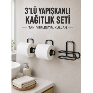 3’lü Siyah Duvar Tipi Kağıtlık Seti Yapışkanlı Pratik Rulo Tutucu