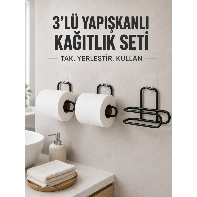 3’lü Siyah Duvar Tipi Kağıtlık Seti Yapışkanlı Pratik Rulo Tutucu 3’lü Siyah Duvar Tipi Kağıtlık Seti Yapışkanlı Pratik Rulo Tutucu