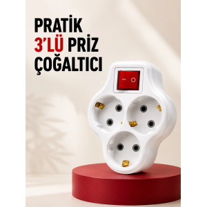 3’lü Topraklı Priz Çoklayıcı Açma Kapama Anahtarlı Direkt Prize Takılan Adaptör