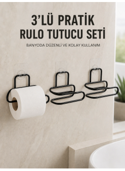 3’lü Yapışkanlı Tuvalet Kağıdı Tutucu Seti Siyah Duvar Tipi Rulo Kağıtlık