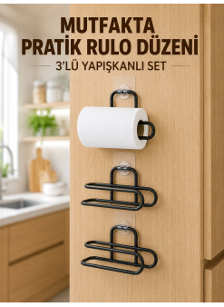3’lü Yapışkanlı Wc Kağıtlığı Siyah Rulo Tutucu Banyo Ve Mutfak Kullanımı