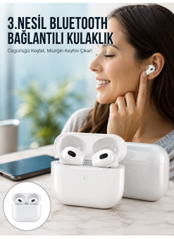 3.nesil İos Android Uyumlu Bluetooth 5.0 Beyaz Çağrı Cevaplama Yeni Nesil