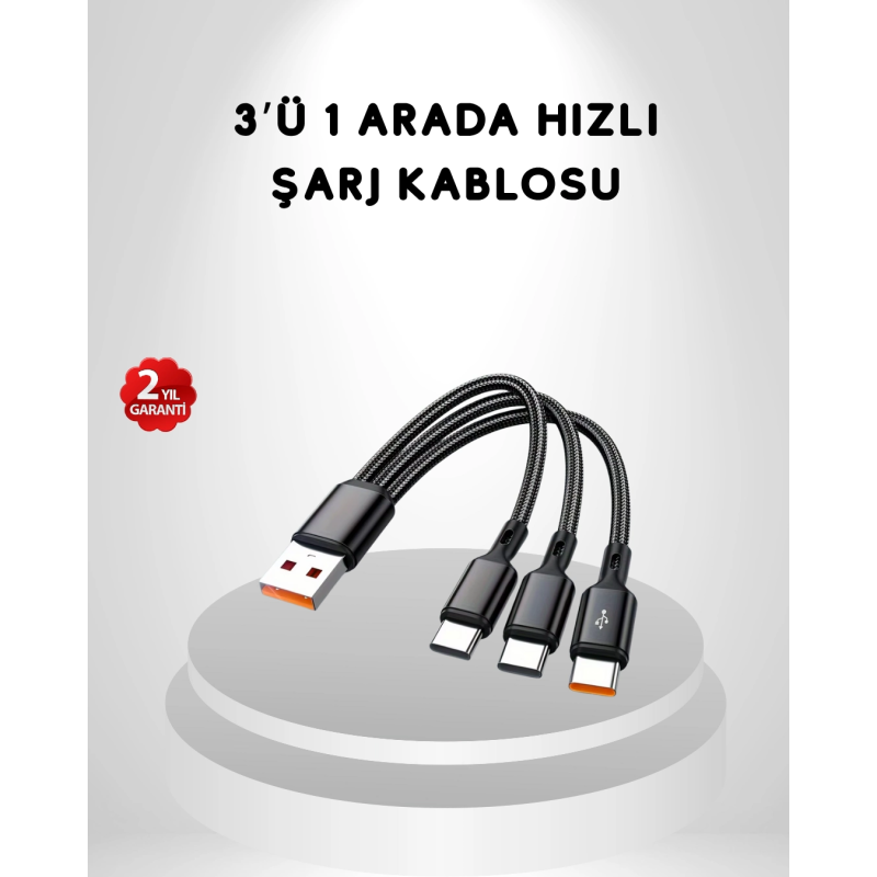 3’ü 1 Arada Hızlı Şarj Kablosu İos Android Type-c Uyumlu Ve Dayanıklı