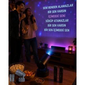 3ü 1 Arada Karaoke Ve Projeksiyon Sistemi Çift Mikrofon Destekli