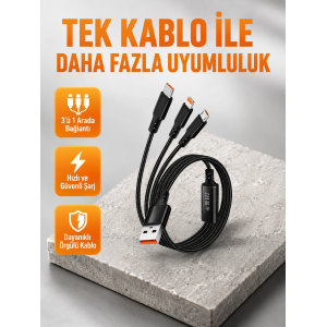 3’ü 1 Arada Şarj Kablosu Type-c İos Android Uyumlu Hızlı Ve Güvenli Şarj