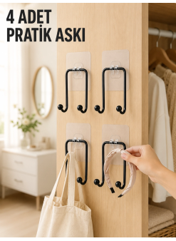 4 Adet Yapışkanlı Duvar Askısı Çok Amaçlı Pratik Askılık Seti