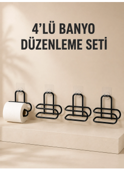 4 Adet Yapışkanlı Tuvalet Kağıdı Askısı Siyah Metal Delmeden Duvara Monte Wc Kağıtlık