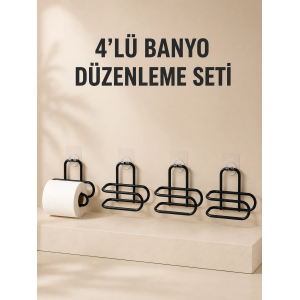 4 Adet Yapışkanlı Tuvalet Kağıdı Askısı Siyah Metal Delmeden Duvara Monte Wc Kağıtlık