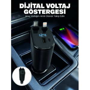 4 Cihazı Aynı Anda Şarj Eden Araç Şarj Cihazı Usb-a, Usb-c, Type-c Ve Lightning Destekli