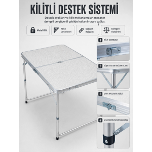 4 Kişilik Katlanabilir Kamp Masası Seti 4 Tabureli 50-65 Cm Ayarlanabilir Yükseklik