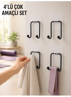 4lü Duvar Tipi Yapışkanlı Askı Pratik Ev Ve Banyo Askılık Seti