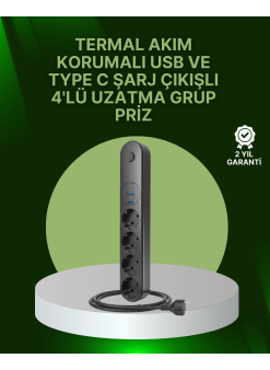 4 Priz 2 Usb 1 Type-c Akım Korumalı Çoklu Priz Led Anahtarlı