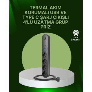 4 Priz 2 Usb 1 Type-c Akım Korumalı Çoklu Priz Led Anahtarlı