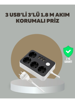 4 Prizli 3 Usb Portlu Anahtarlı Akım Korumalı Priz