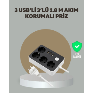 4 Prizli 3 Usb Portlu Anahtarlı Akım Korumalı Priz
