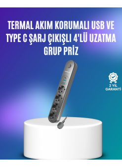 4’lü Çoklu Priz 2 Usb Type-c Girişli Akım Korumalı Siyah