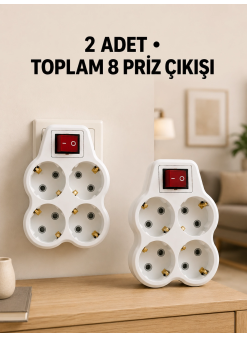 4’lü Priz Çoğaltıcı 2 Adet Set Kablosuz Duvar Tipi Anahtarlı Priz Çoklayıcı